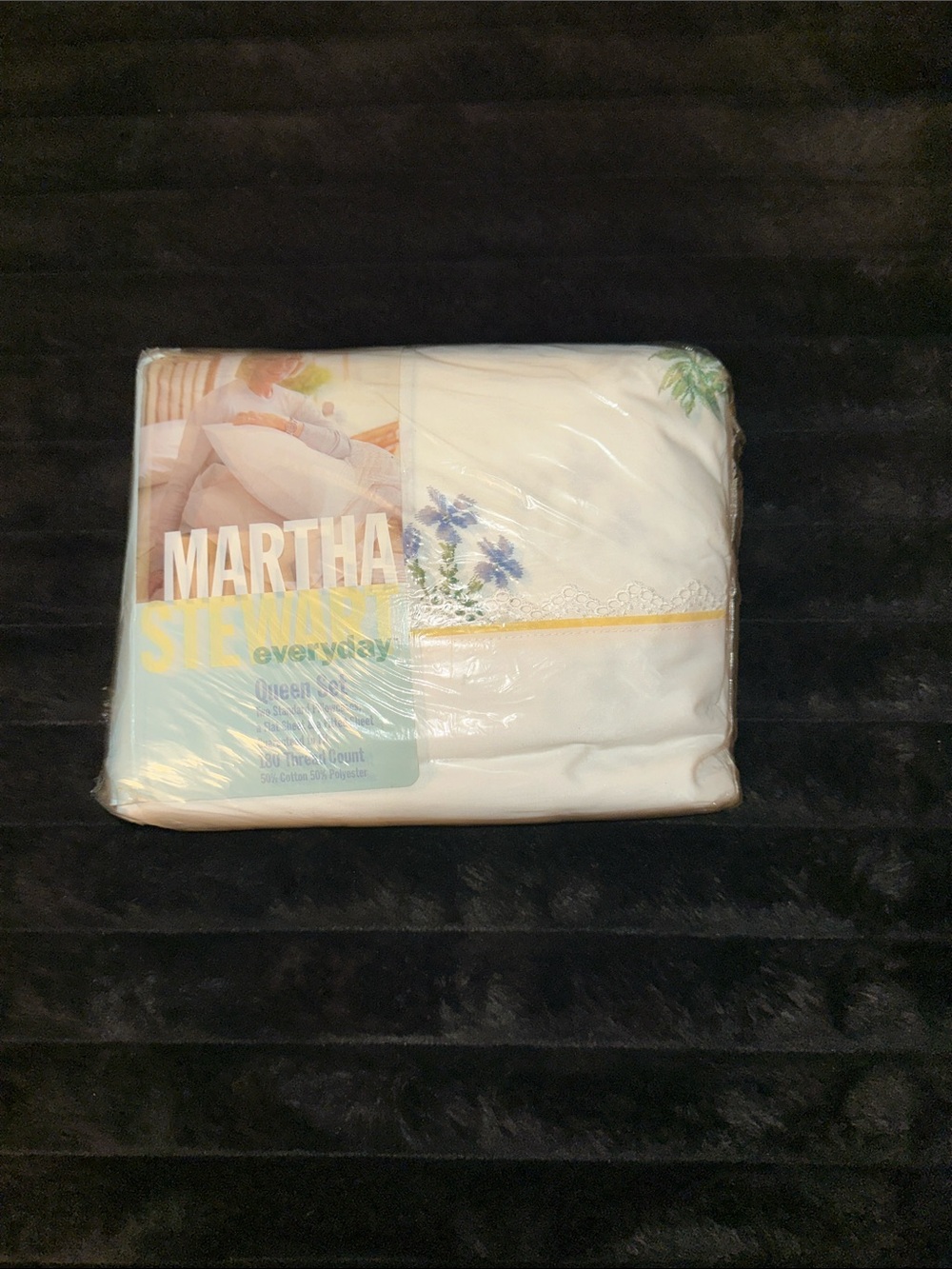Martha Stewart White Sheet Set with Blue Floral Embroidery and Yellow Trim